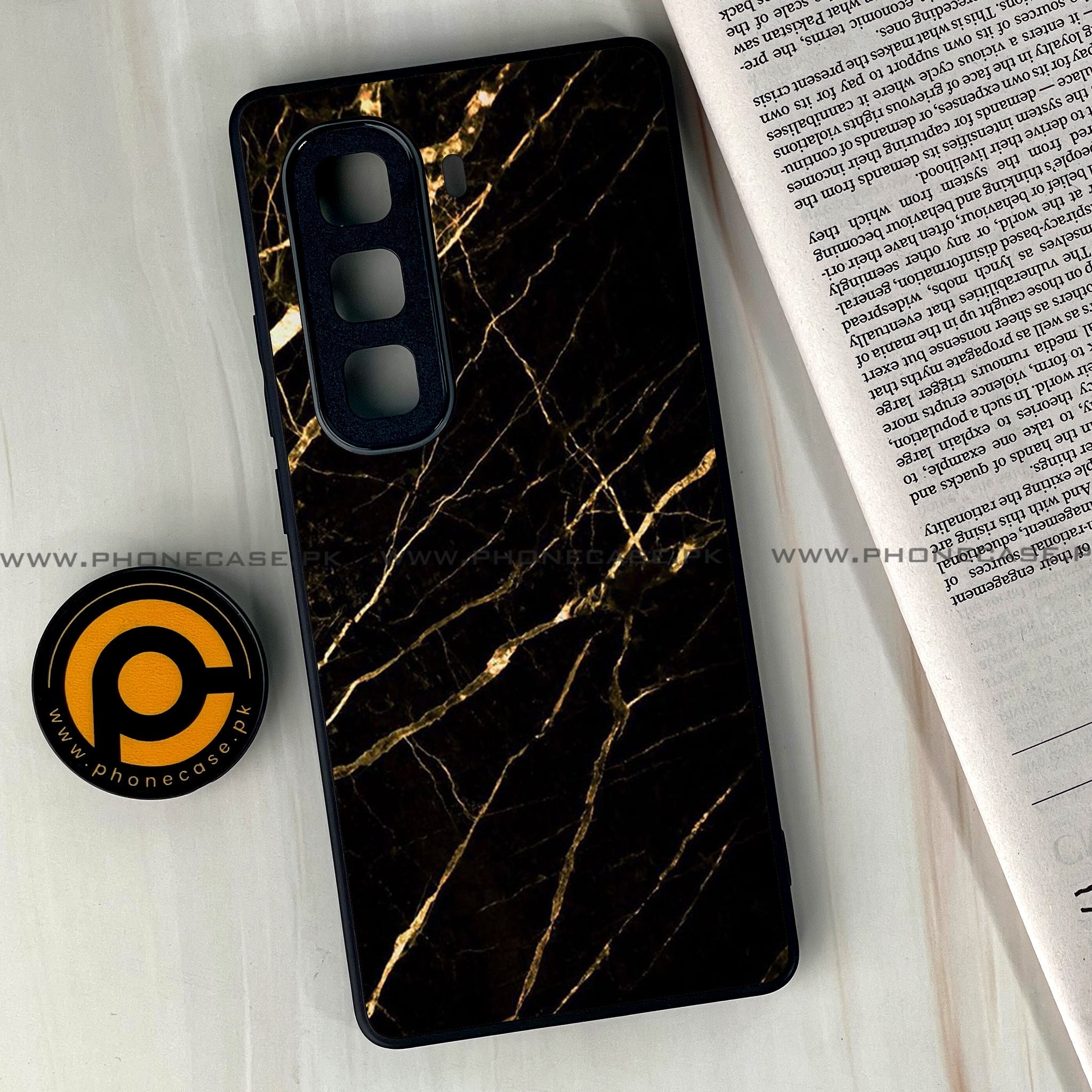 Infinix Hot 60  - Black Marble Series - Premium Metal Printed soft Bumper shock Proof Case