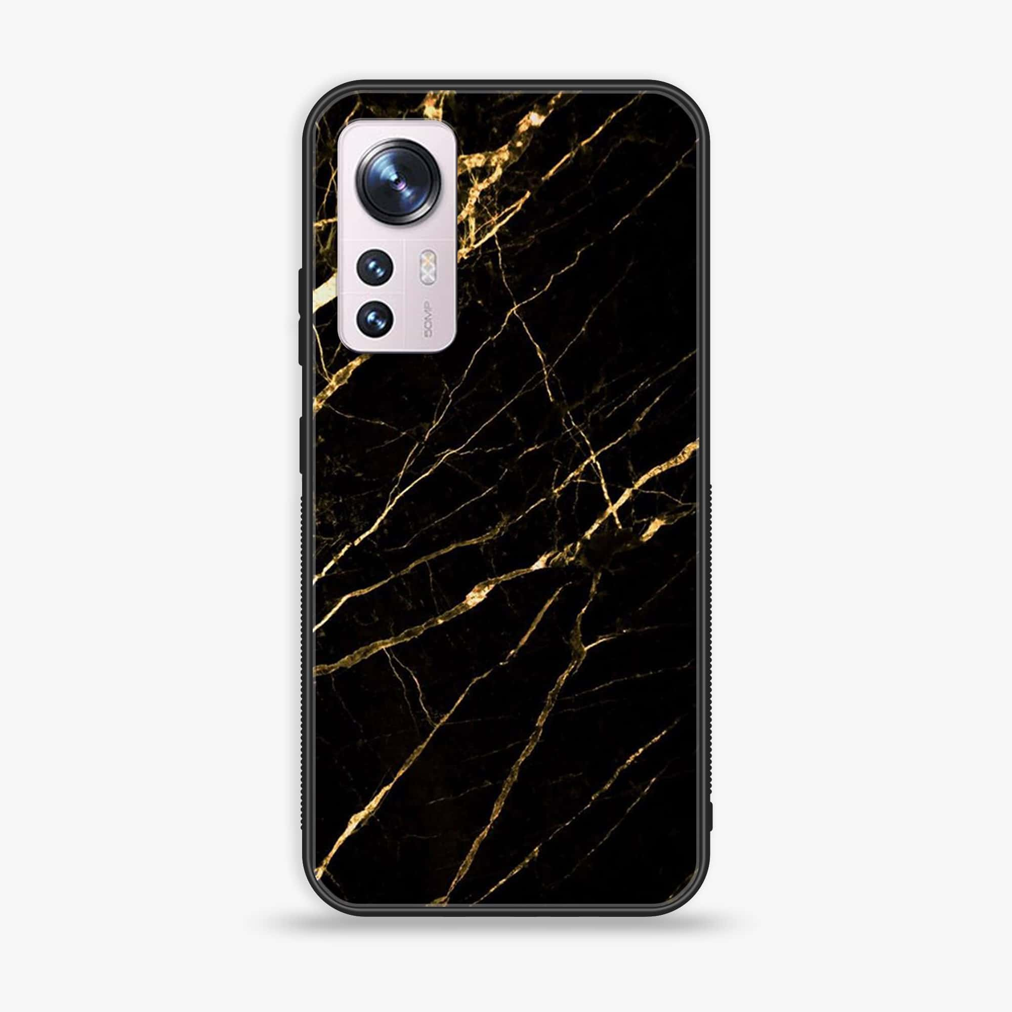 Xiaomi 12 Pro Black Marble Series  Premium Printed Glass soft Bumper shock Proof Case