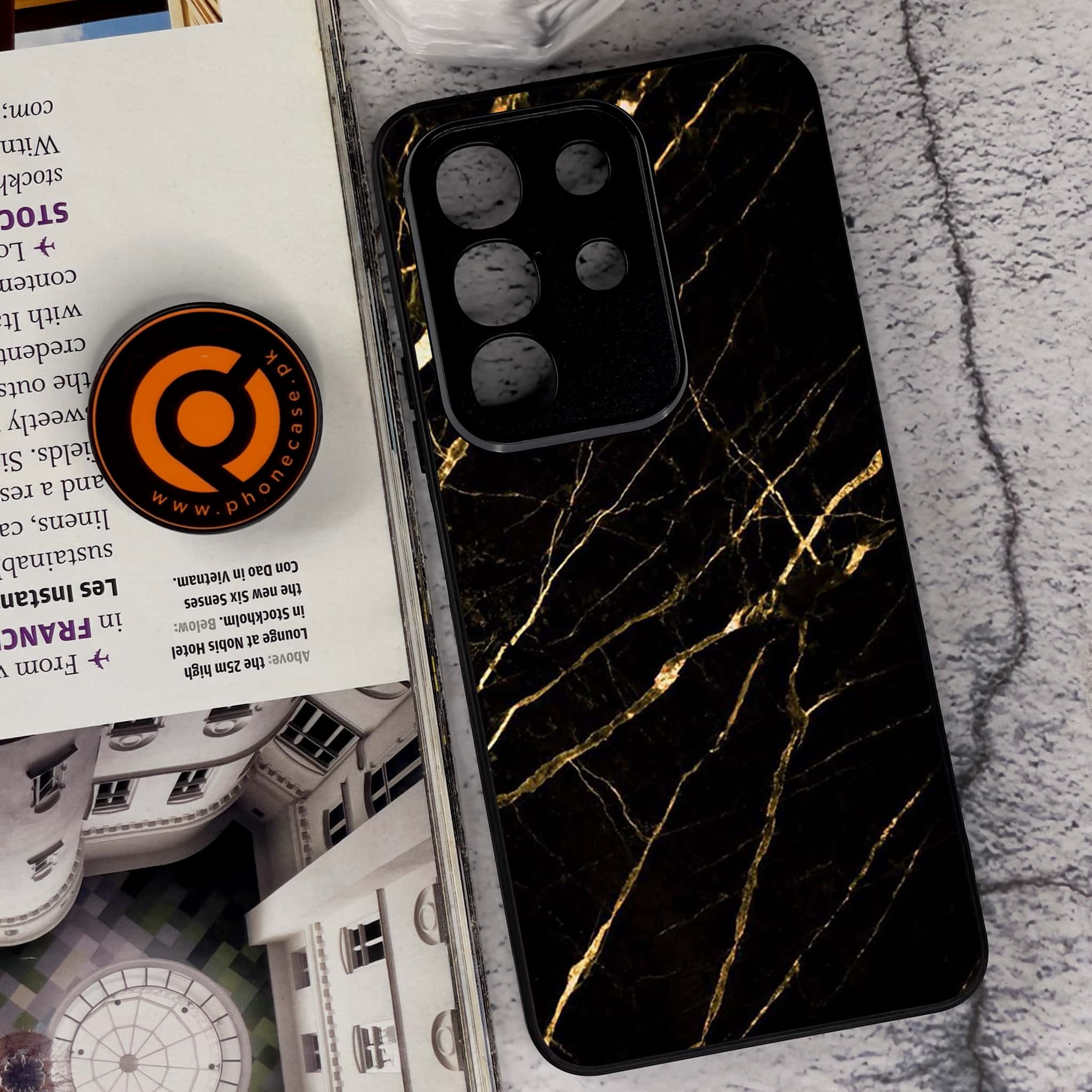 Vivo Y29 4G - Black Marble Series - Premium Metal Printed soft Bumper Shock Proof Case