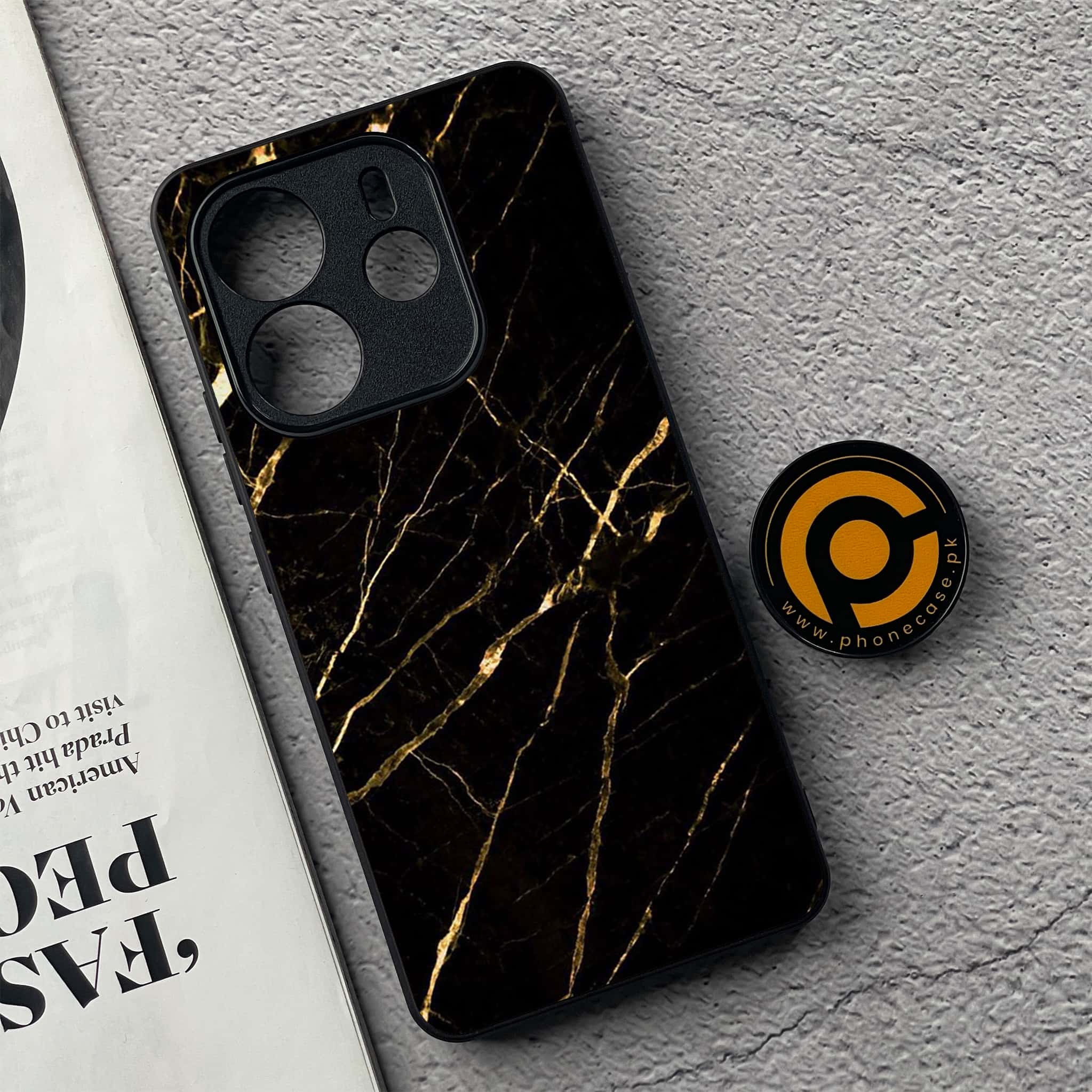 Xiaomi Redmi Note 14 - Black Marble Series - Premium Printed Glass soft Bumper shock Proof Case