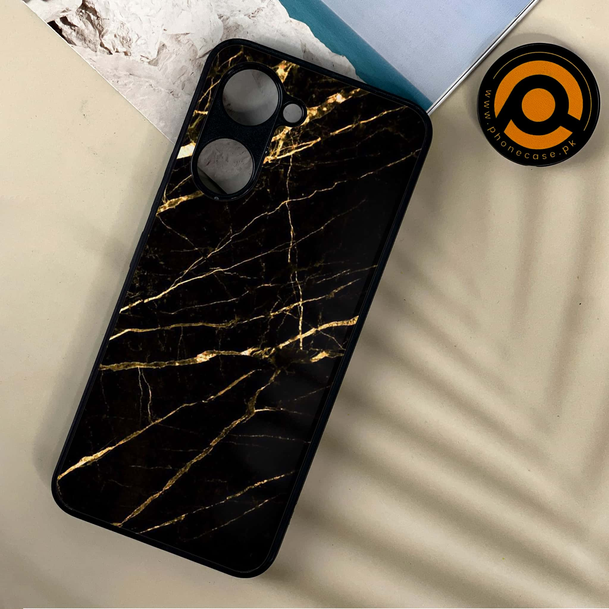 Vivo Y03 - Black Marble Series - Premium Printed Metal soft Bumper shock Proof Case