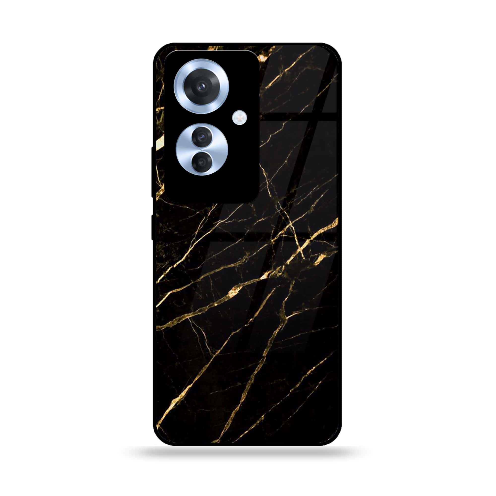 Oppo F25 Pro - Black Marble Series - Premium Printed Glass soft Bumper shock Proof Case