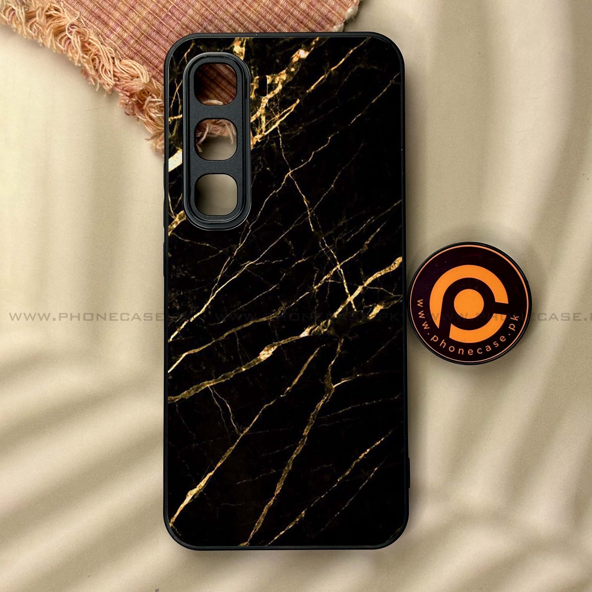Infinix Hot 60 Pro - Black Marble Series - Premium Metal Printed soft Bumper shock Proof Case