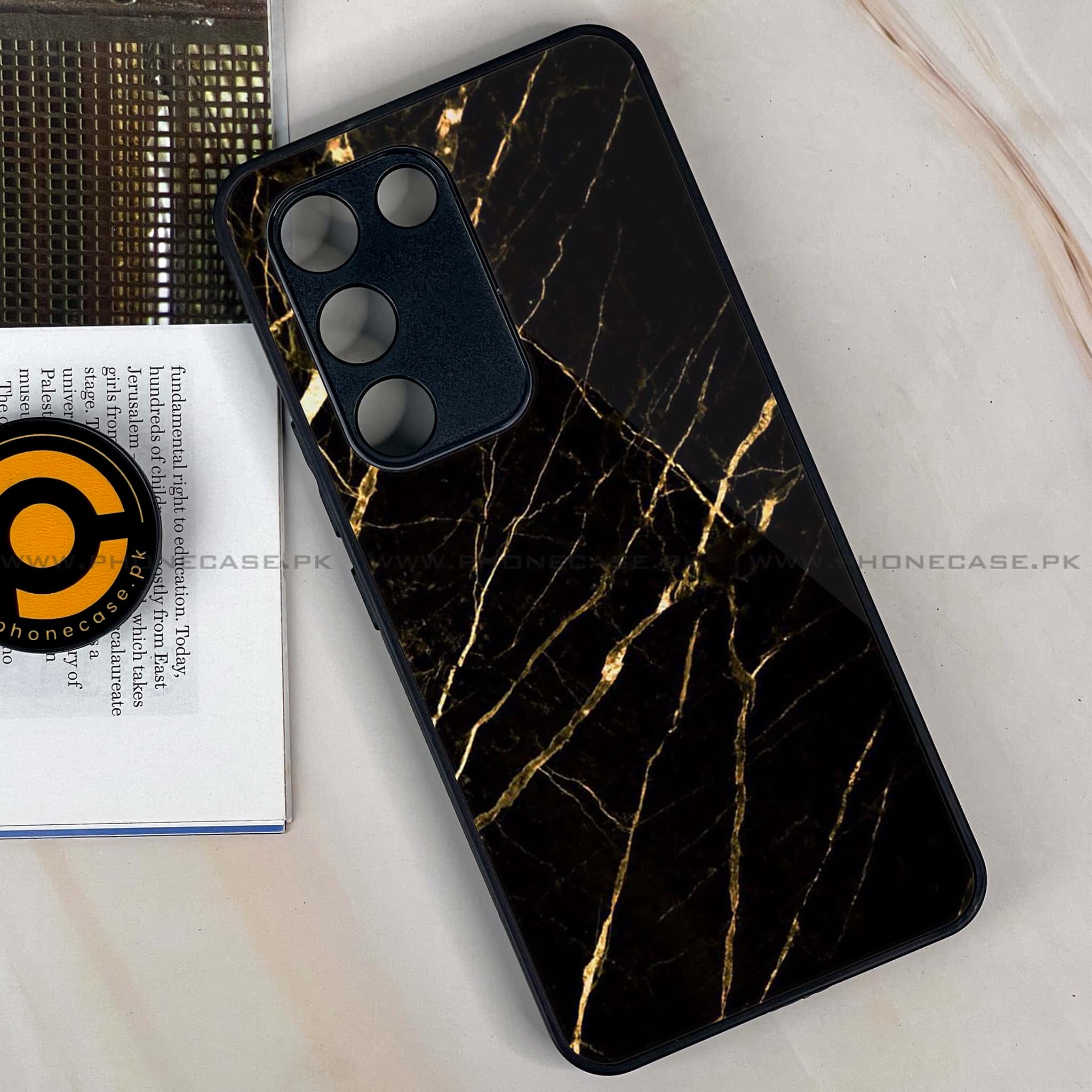 Vivo Y200e - Black Marble Series - Premium Metal Printed soft Bumper shock Proof Case