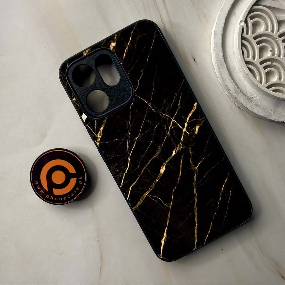Oppo Reno 14F - Black Marble Series - Premium Metal Printed Soft Bumper Shockproof Case