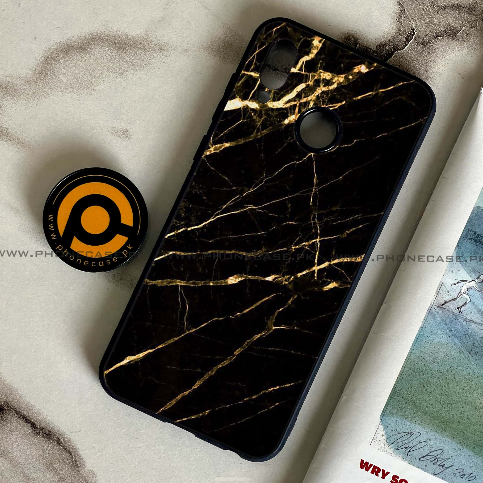 Huawei Honor Play - Black Marble Series - Premium Printed Glass soft Bumper shock Proof Case