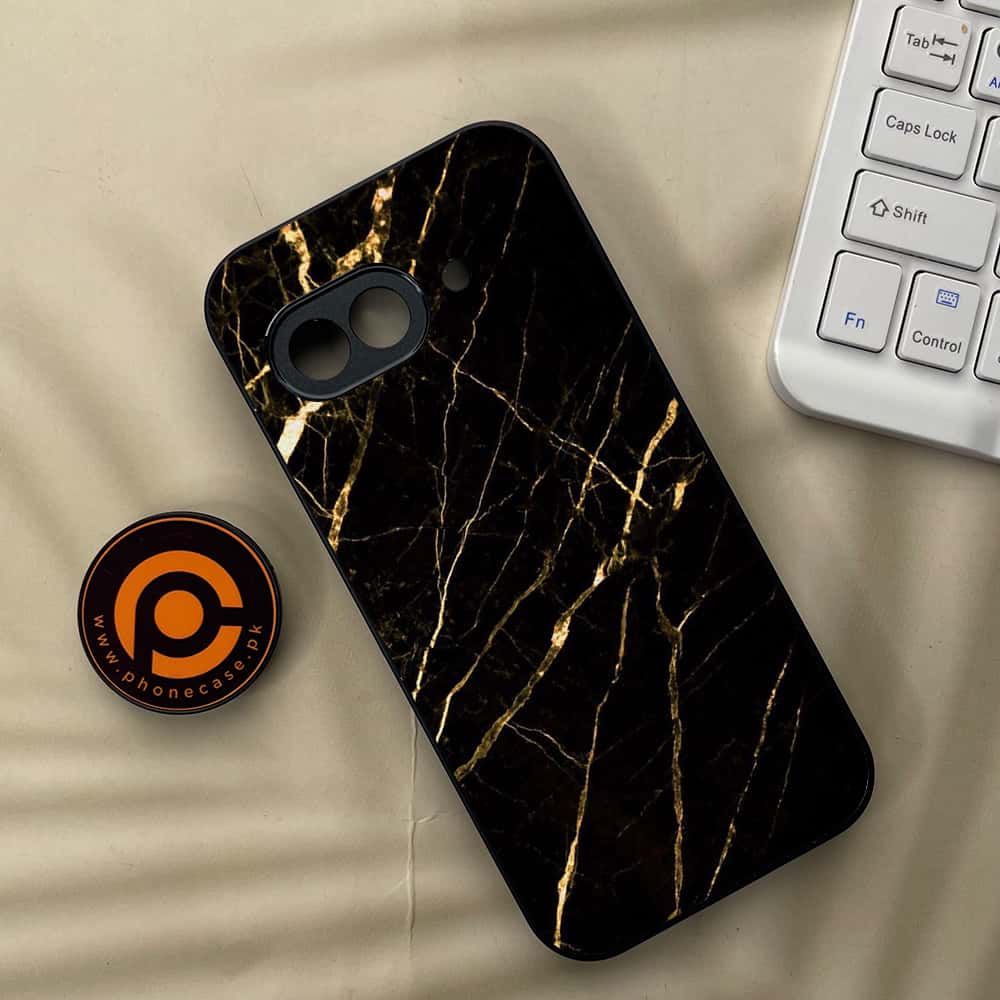 Google Pixel 9a - Black Marble Series - Premium Metal Printed soft Bumper Shock Proof Case