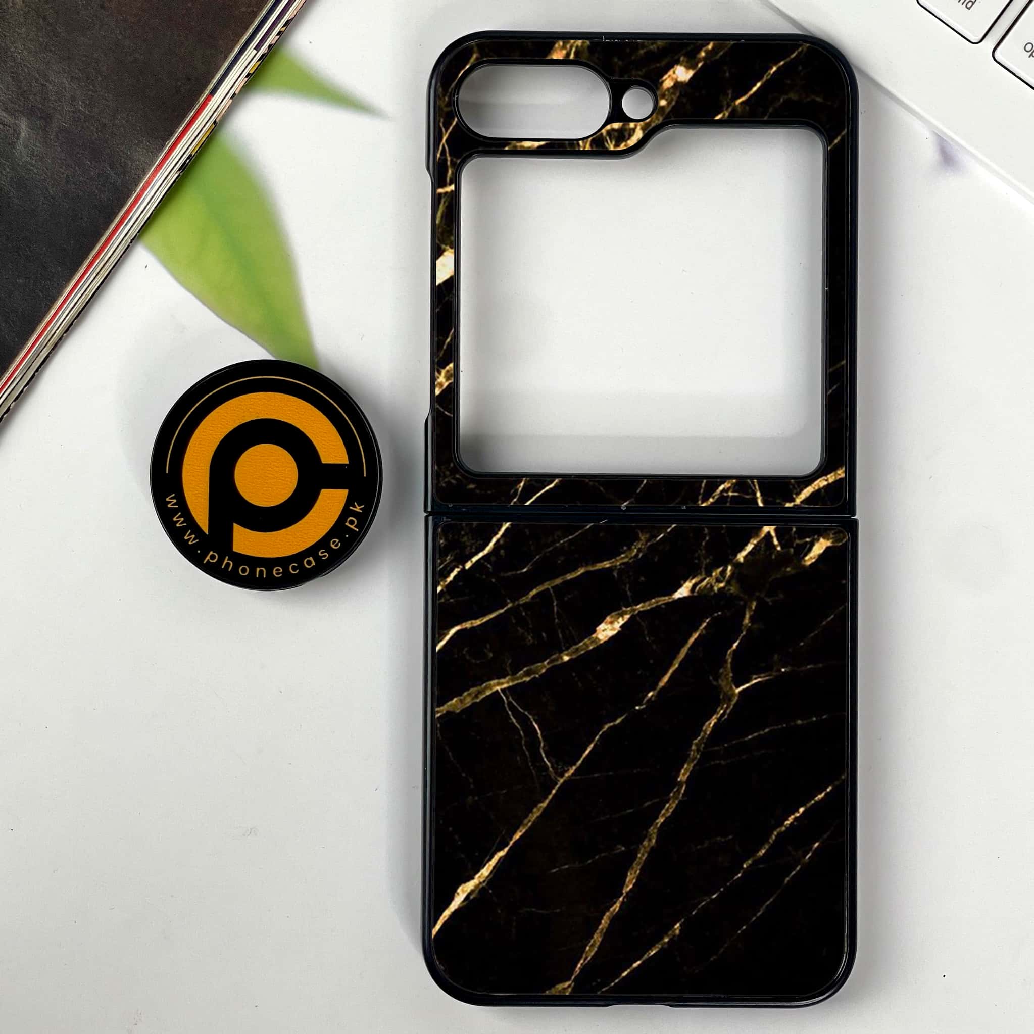 Galaxy Z Flip 7 - Black Marble Series - Premium Metal Printed soft Bumper shock Proof Case
