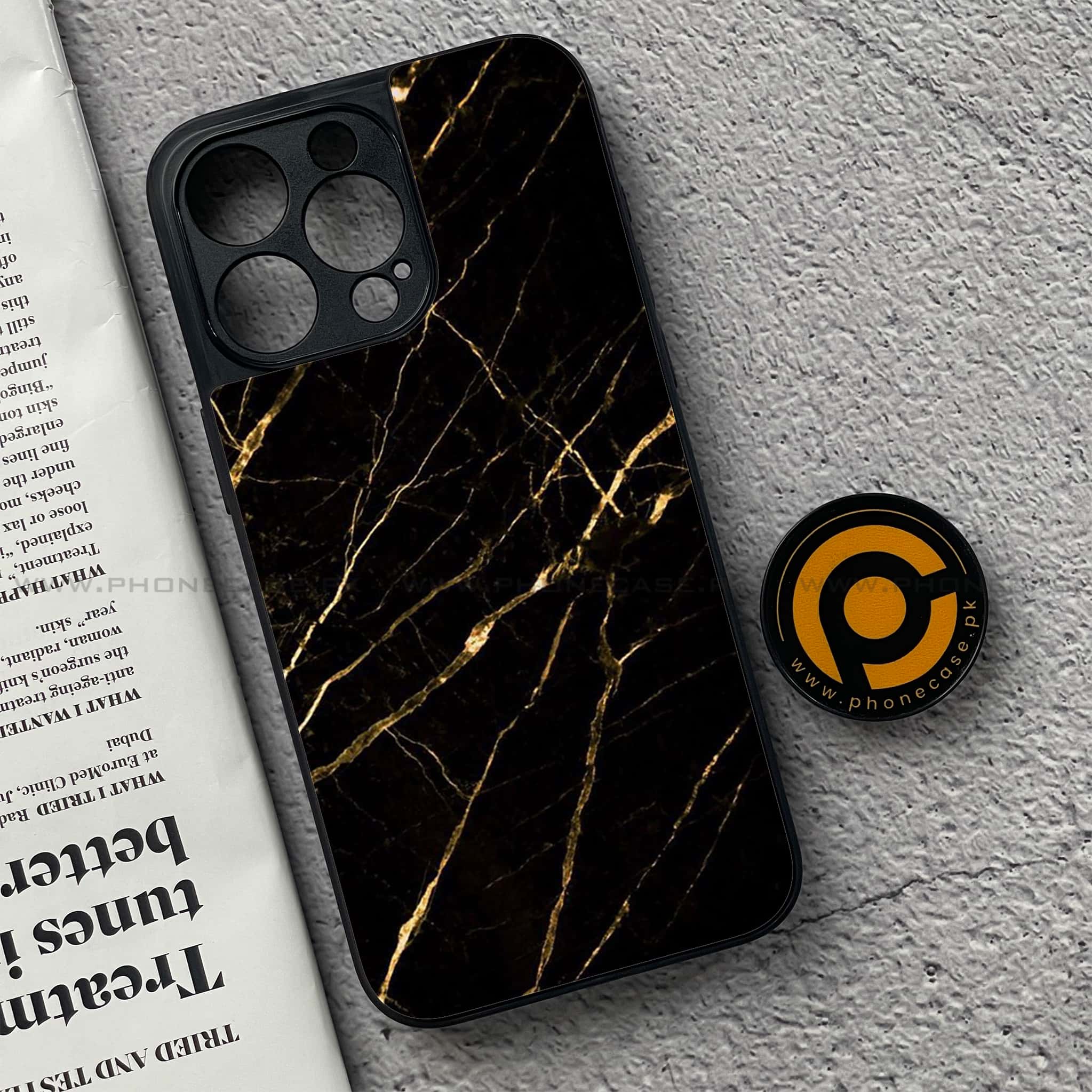 iPhone 15 Pro - Black Marble Series - Premium Metal Printed soft Bumper shock Proof Case