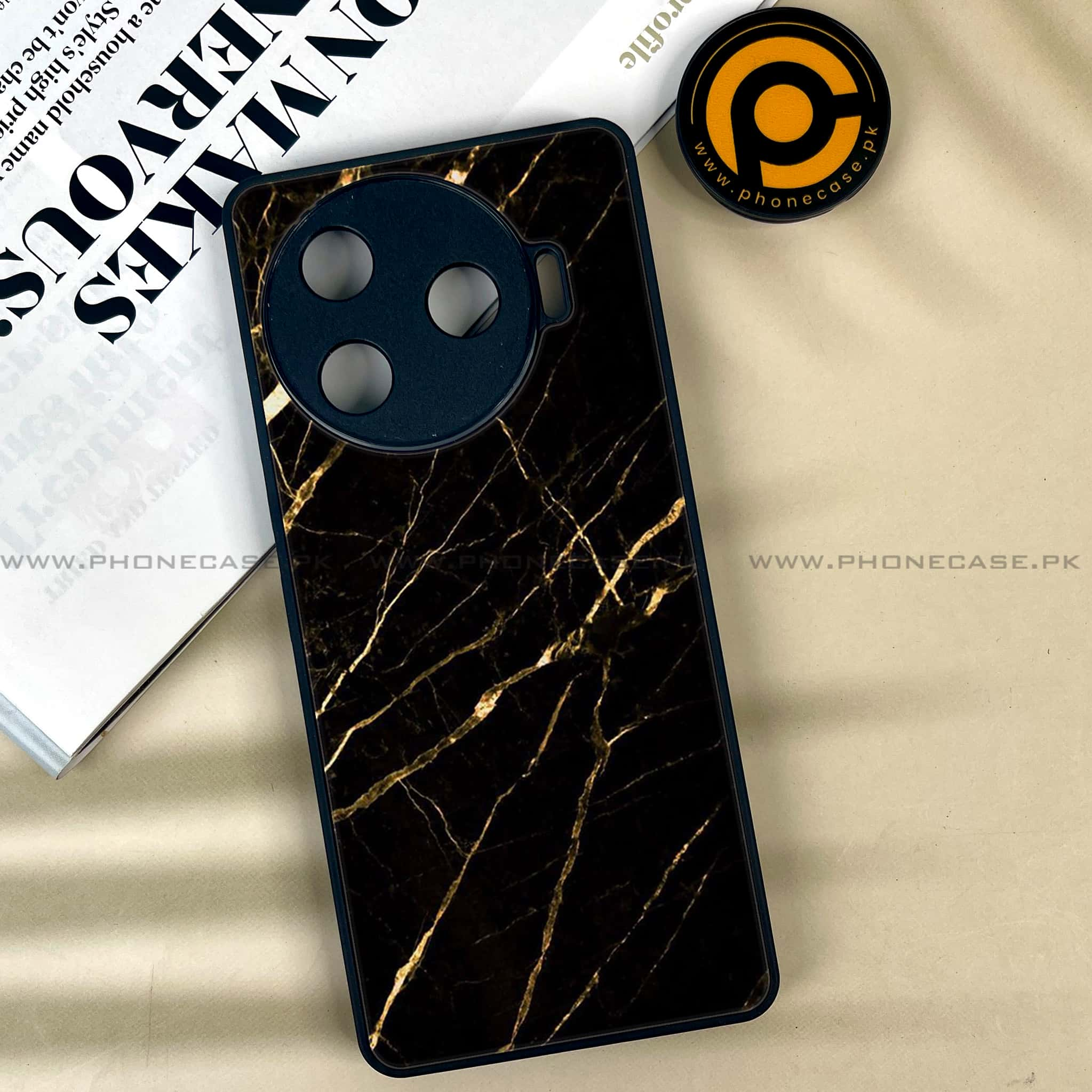 Tecno Camon 30 Pro - Black Marble Series - Premium Printed Glass soft Bumper shock Proof Case