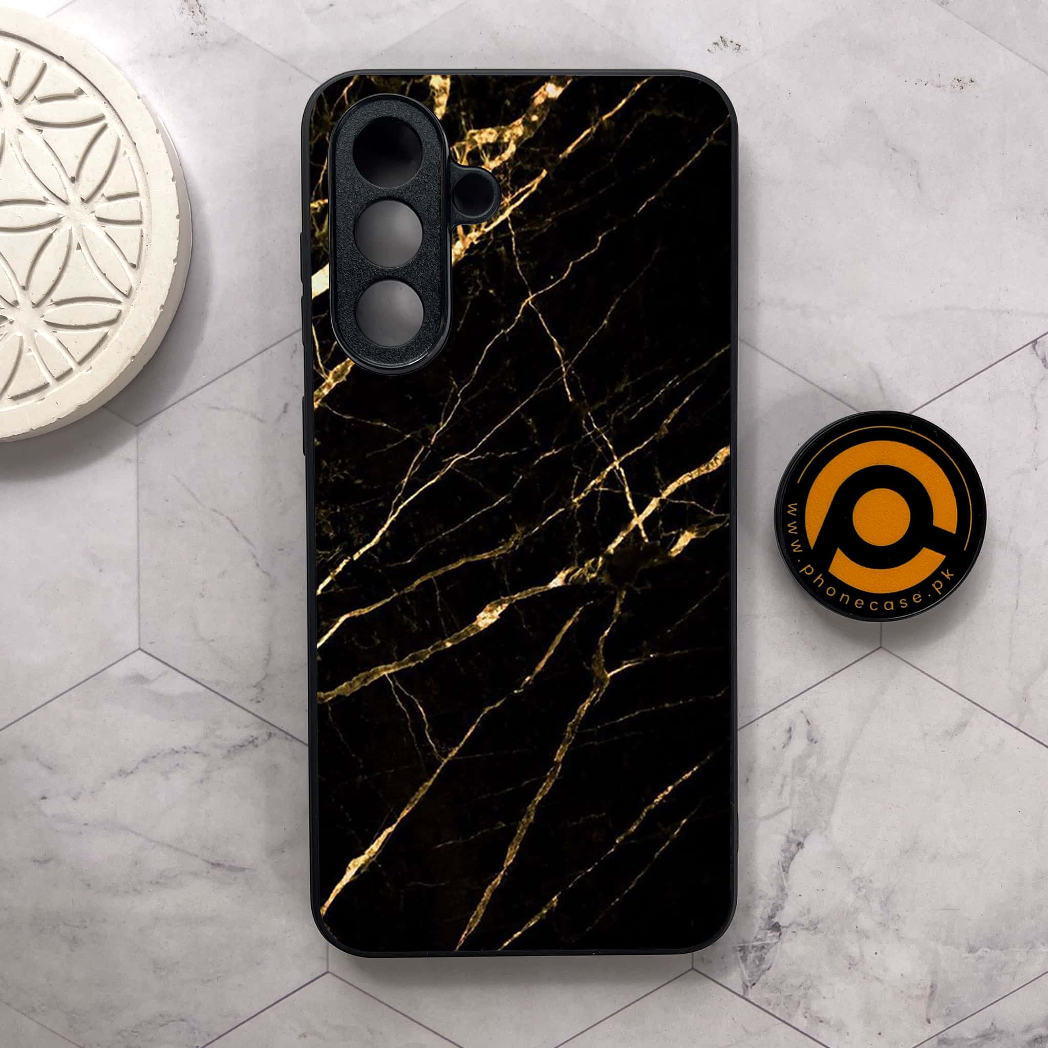 Samsung Galaxy A56 5G -  Black Marble Series - Premium Metal Printed soft Bumper shock Proof Case