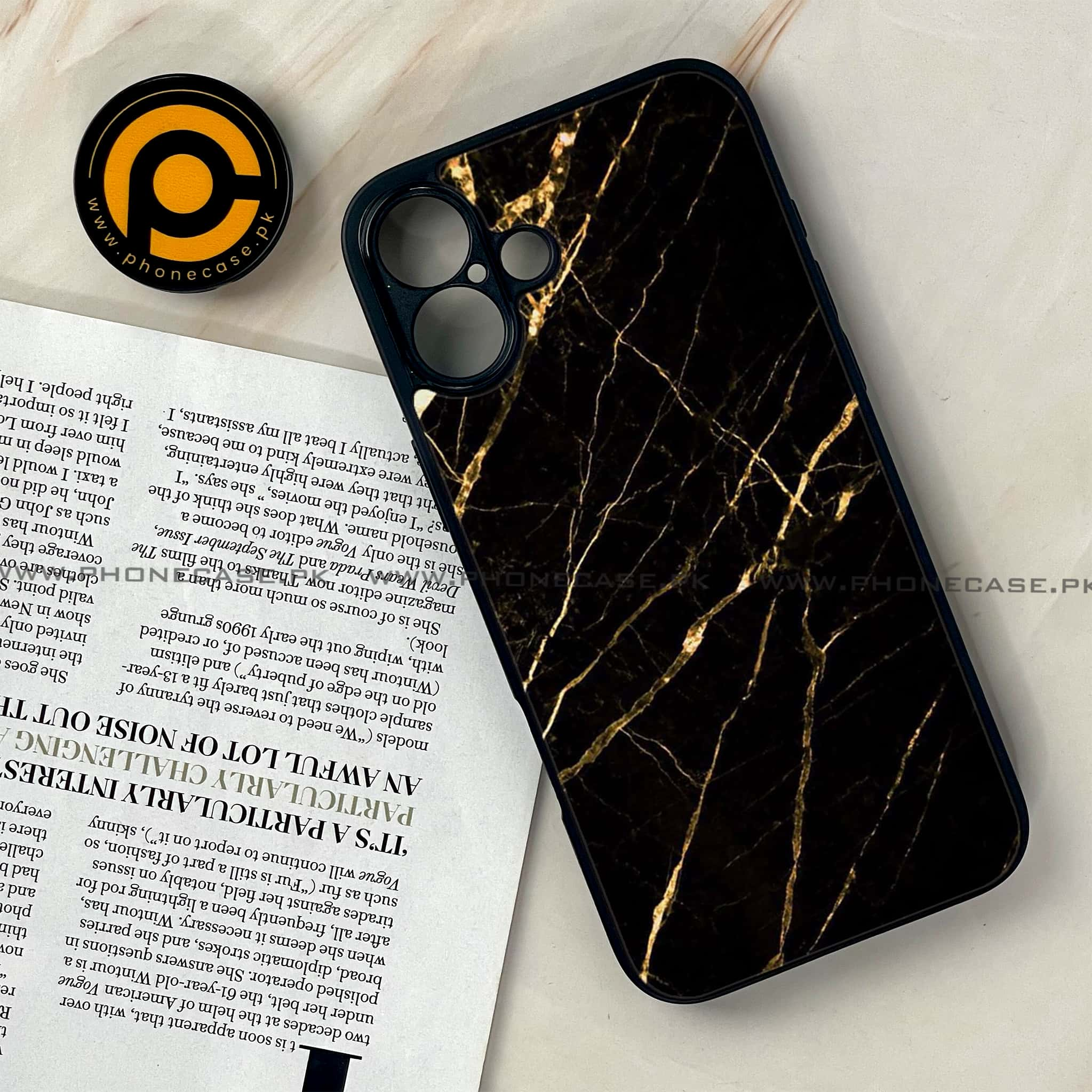 iPhone 16 - Black Marble Series - Premium Printed Glass soft Bumper shock Proof Case