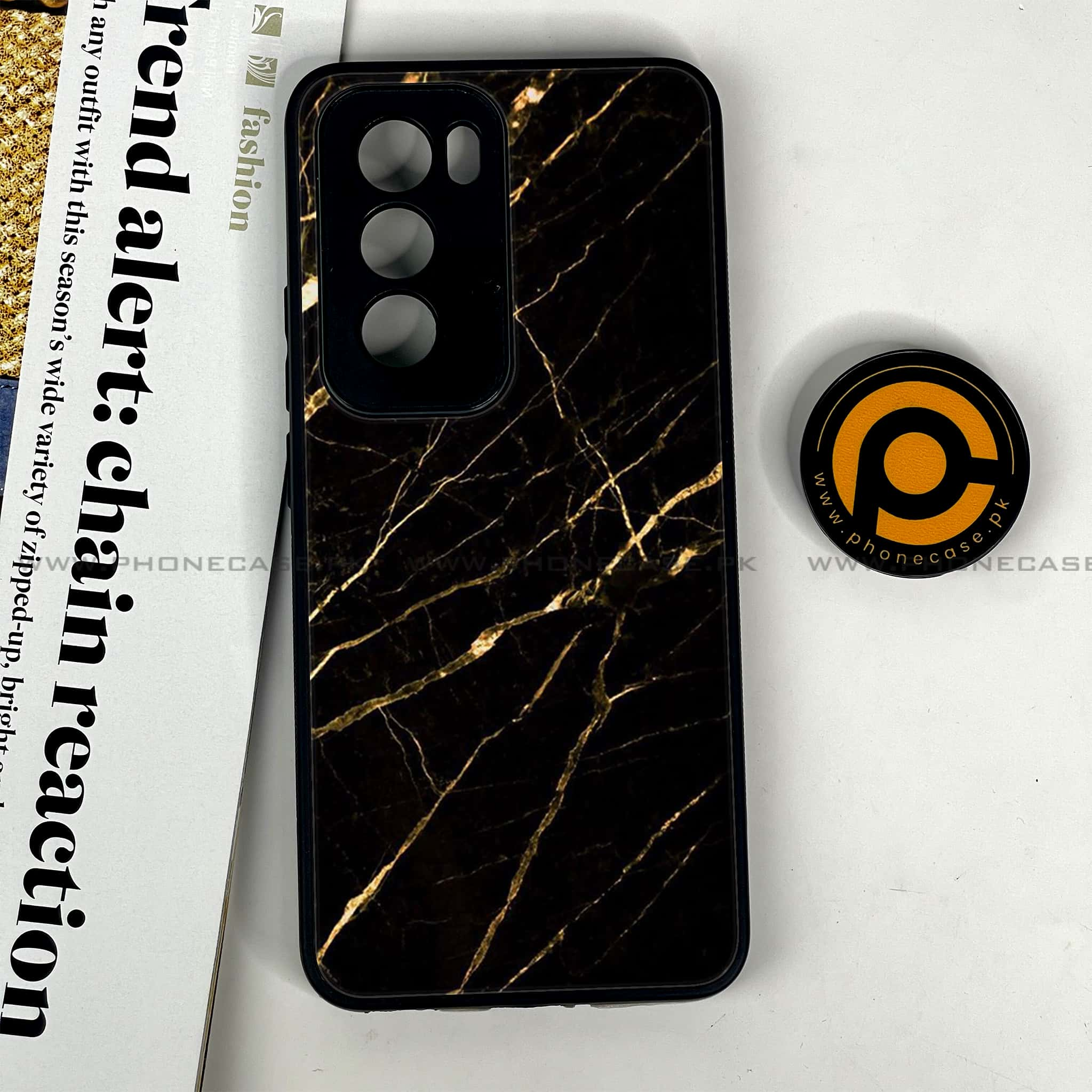 Oppo Reno 12 5G - Black Marble Series - Premium Printed Glass soft Bumper shock Proof Case