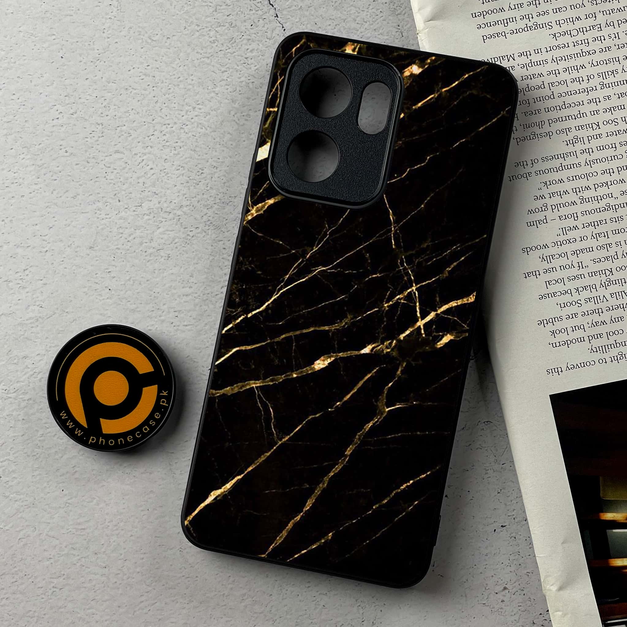 Oppo Reno 13F - Black Marble Series - Premium Metal Printed Soft Bumper Shockproof Case