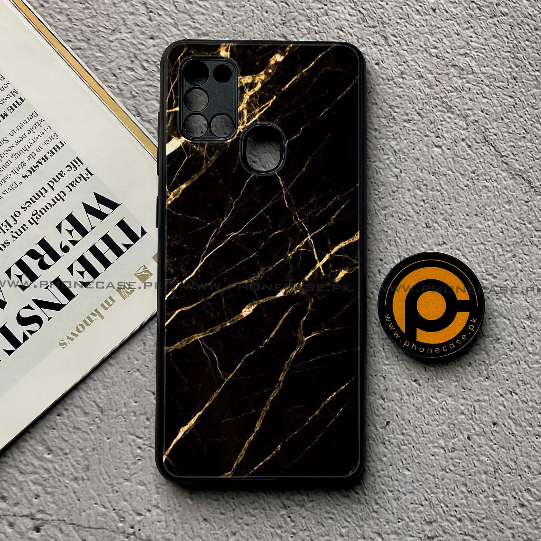 Samsung Galaxy A21s - Black Marble Series - Premium Printed Glass soft Bumper shock Proof Case