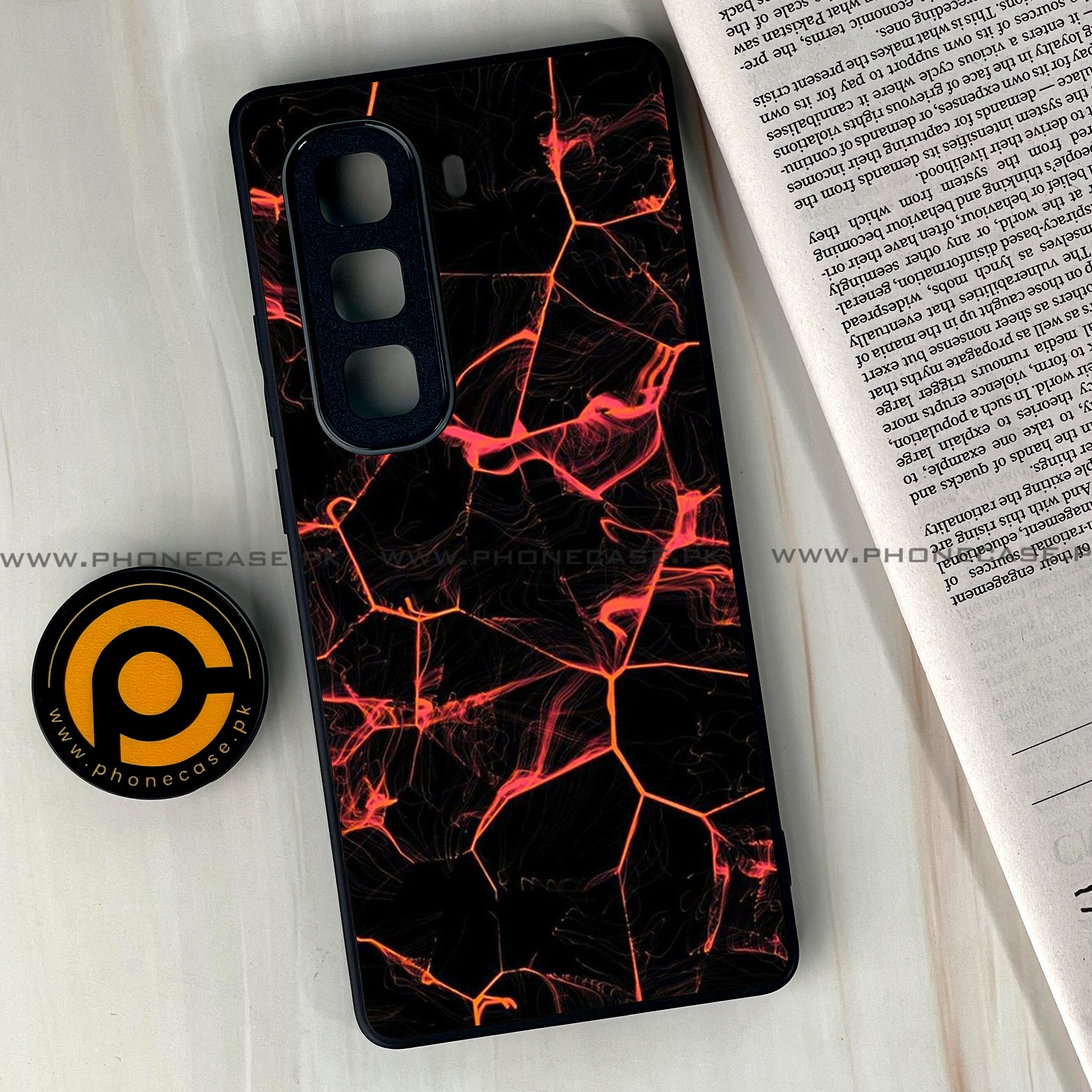 Infinix Hot 50 Pro Plus - Black Marble Series - Premium Printed Glass soft Bumper shock Proof Case