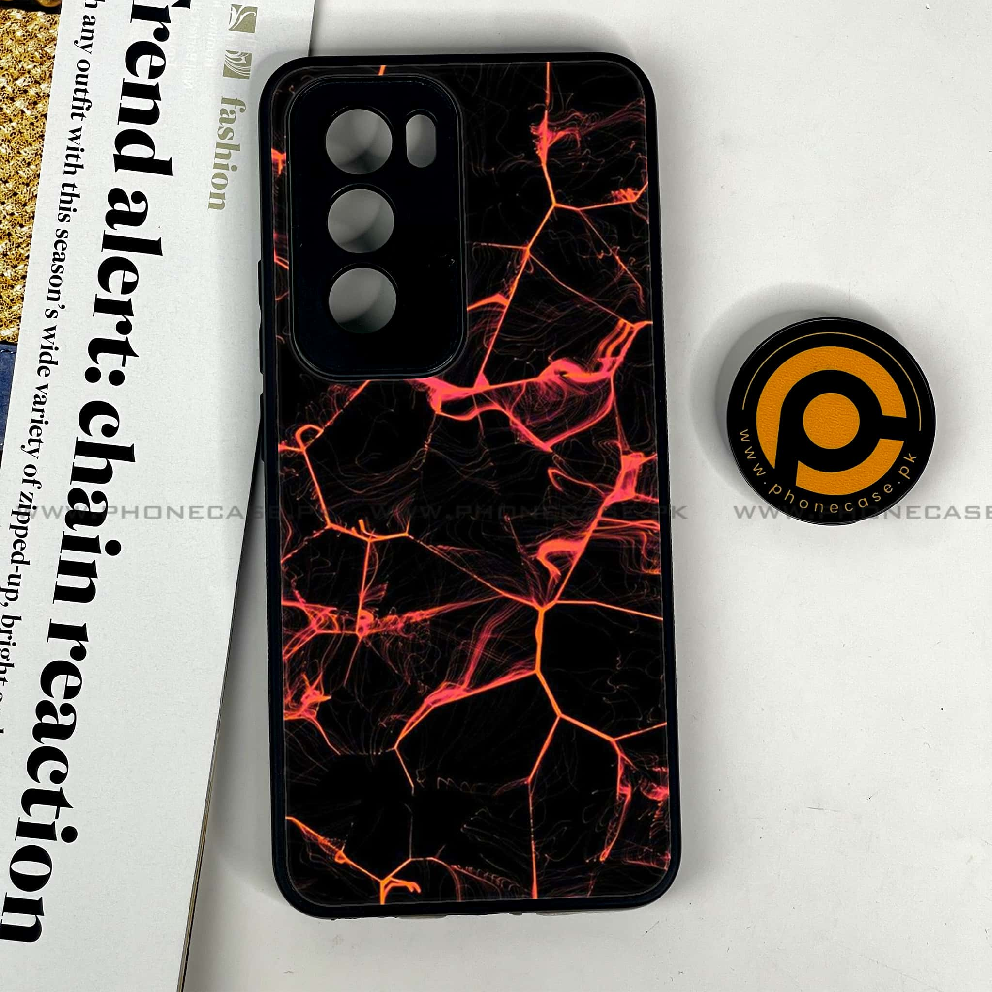 Oppo Reno 12 5G - Black Marble Series - Premium Printed Glass soft Bumper shock Proof Case