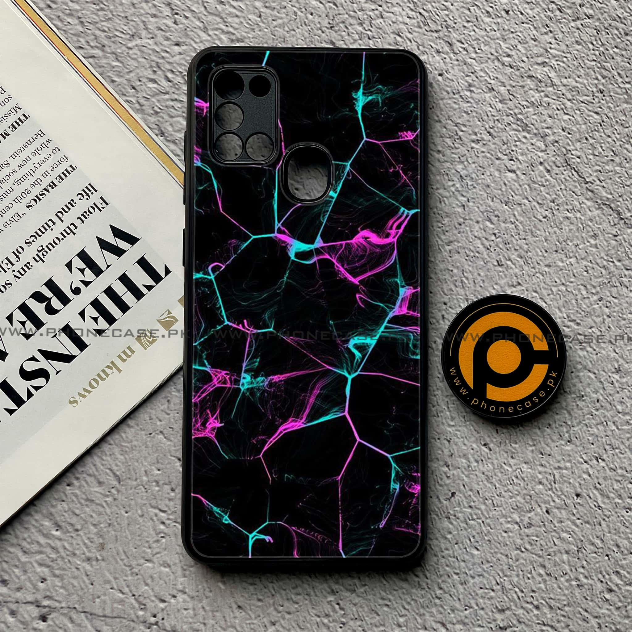 Samsung Galaxy A21s - Black Marble Series - Premium Printed Glass soft Bumper shock Proof Case