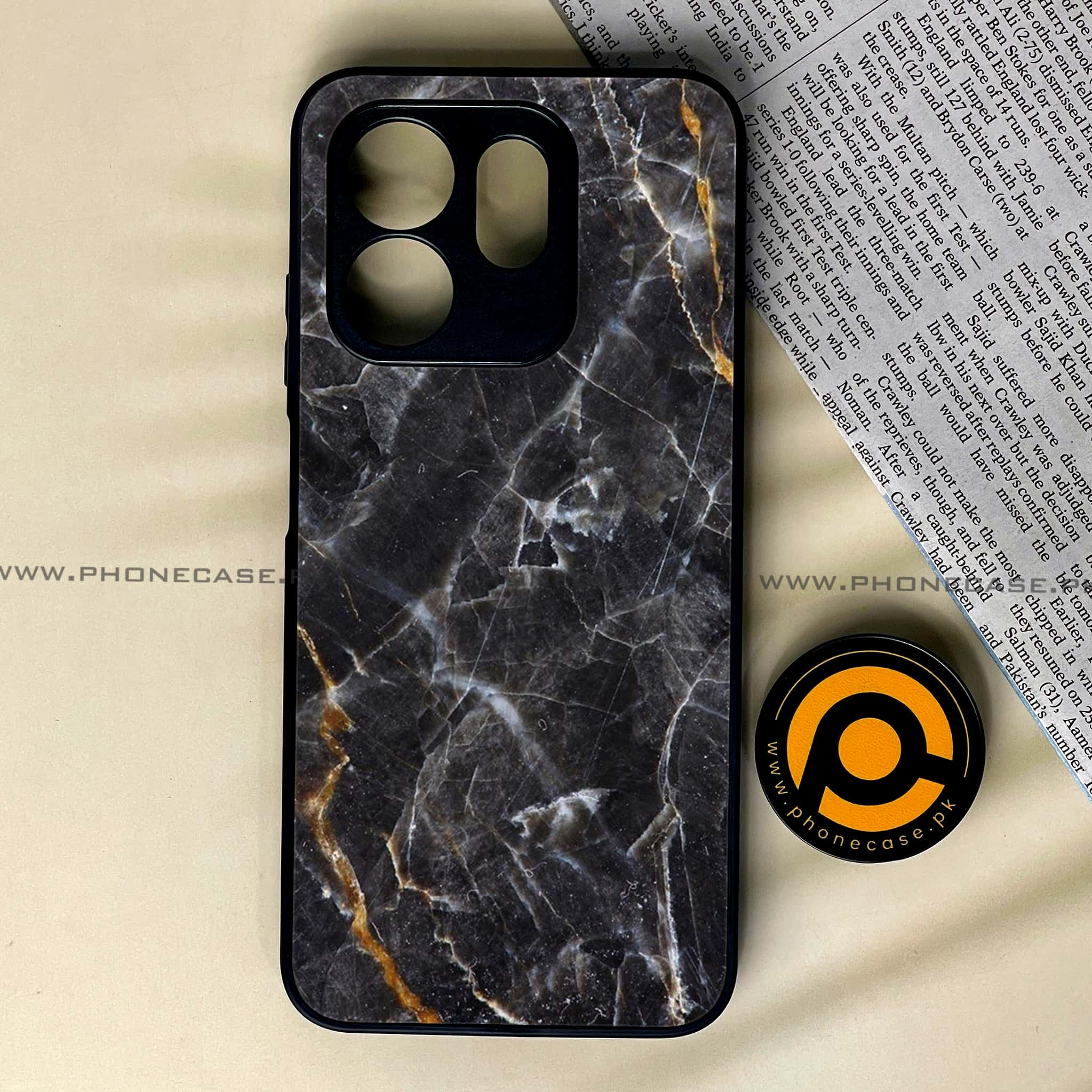 Infinix Hot 50i - Black Marble 2.0 Series - Premium Printed Glass soft Bumper shock Proof Case