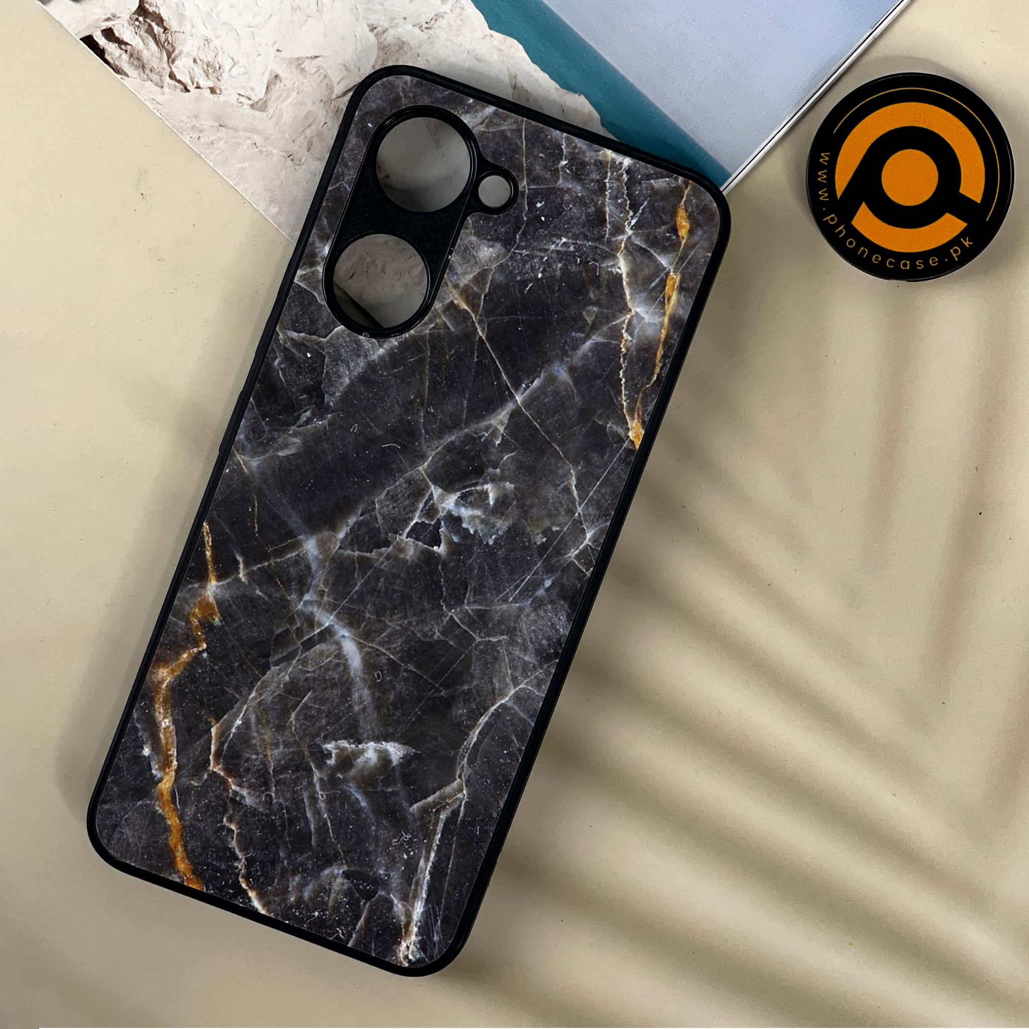 Vivo Y03 - Black Marble 2.0 Series - Premium Printed Metal soft Bumper shock Proof Case