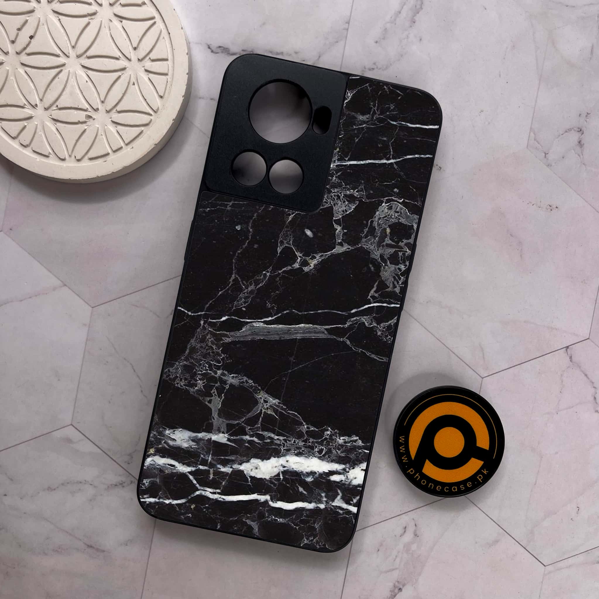 OnePlus 10R - Black Marble 2.0 Series -  Premium Metal Printed soft Bumper shock Proof Case