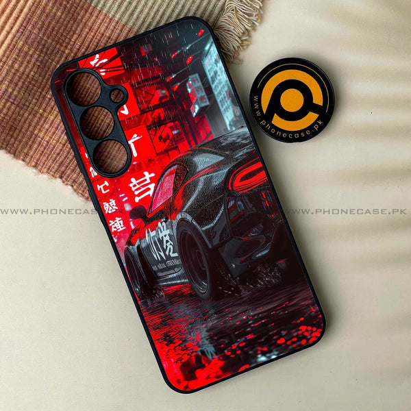 Samsung Galaxy A15 - Black Racing Car - Premium Printed Glass soft Bumper Shock Proof Case  CS-20022