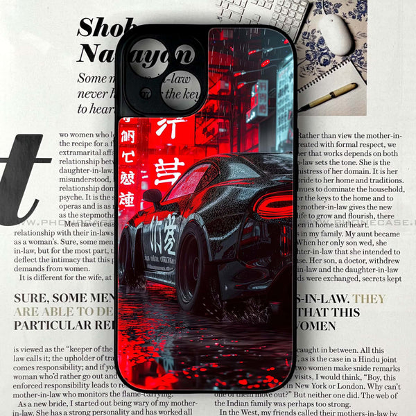 iPhone 14 - Black Racing Car - Premium Printed Glass soft Bumper shock Proof Case