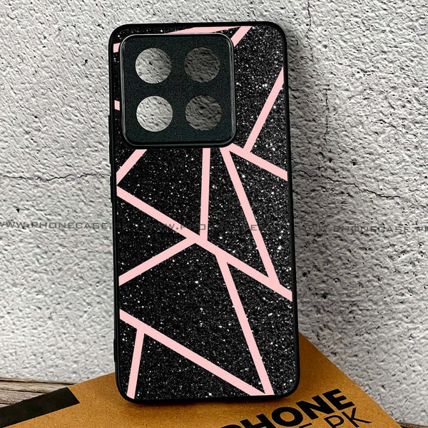 Xiaomi 14T - Black Sparkle Glitter With RoseGold Lines - Premium Printed Glass soft Bumper shock Proof Case