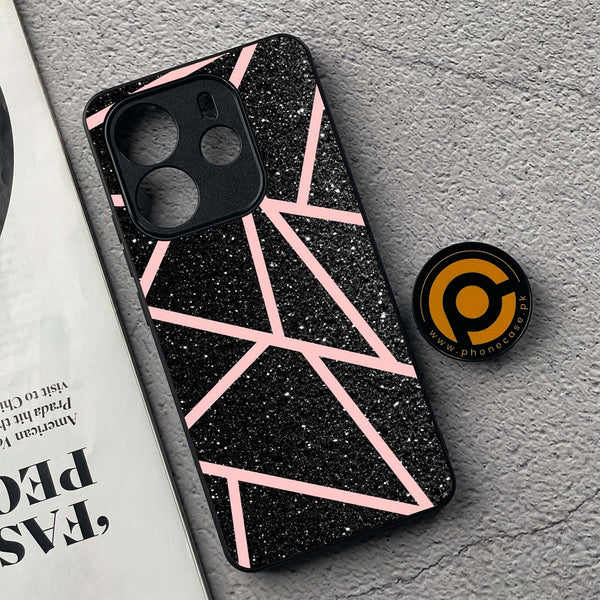 Xiaomi Redmi Note 14 - Black Sparkle Glitter With Rose Gold Lines - Premium Printed Glass soft Bumper Shock Proof Case