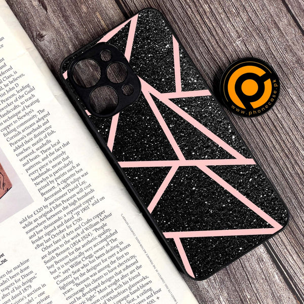 Xiaomi Redmi 12 - Black Sparkle Glitter With RoseGold Lines - Premium Printed Glass soft Bumper Shock Proof Case