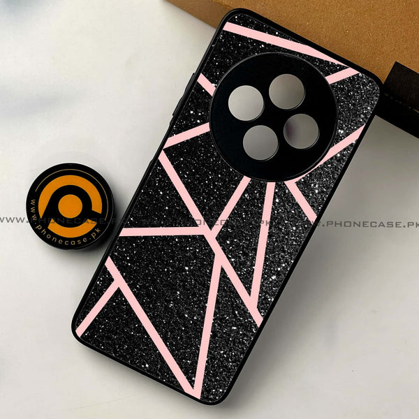 Oppo Reno 12F 4G - Black Sparkle Glitter With RoseGold Lines - Premium Printed Glass soft Bumper shock Proof Case