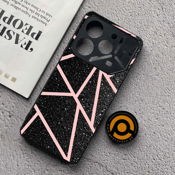 Tecno Pova 6 Neo - Black Sparkle Glitter With Rose Gold Lines - Premium Metal  Printed soft Bumper shock Proof Case