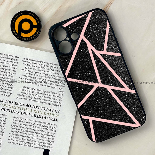 iPhone 16 Plus - Black Sparkle Glitter With RoseGold Lines - Premium Printed Glass soft Bumper shock Proof Case