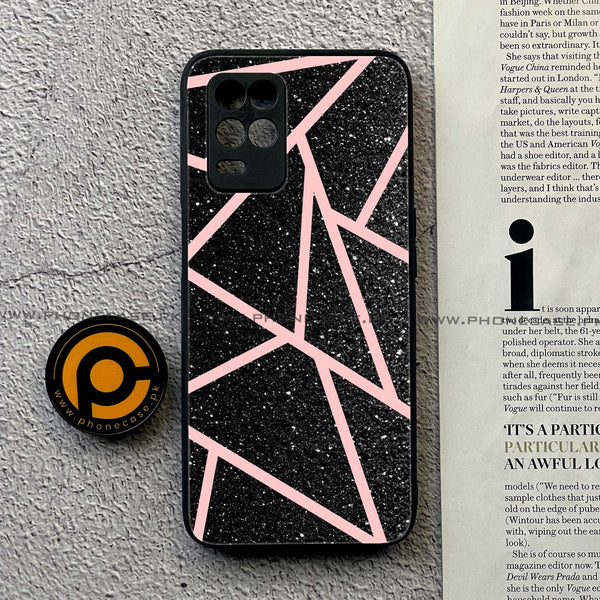 Realme Narzo 30 5G - Black Sparkle Glitter With RoseGold Lines -  Premium Printed Metal soft Bumper shock Proof Case