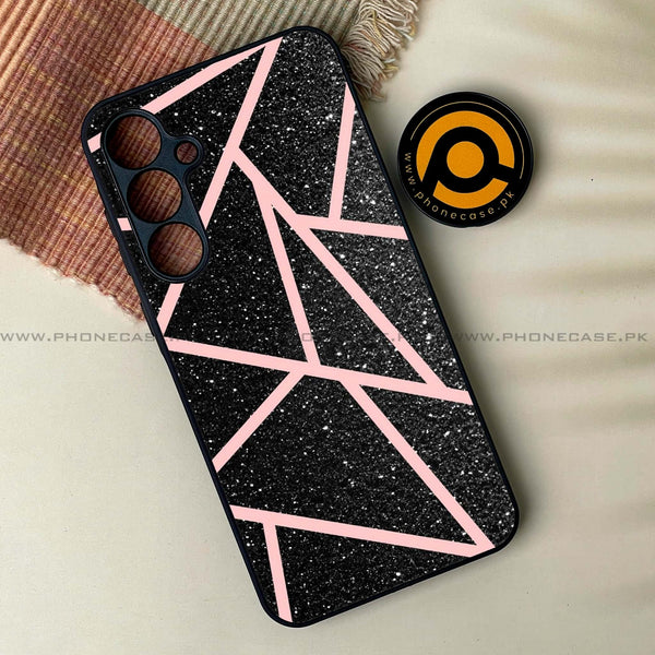 Samsung Galaxy M54 - Black Sparkle Glitter With RoseGold Lines - Premium Printed Glass soft Bumper Shock Proof Case