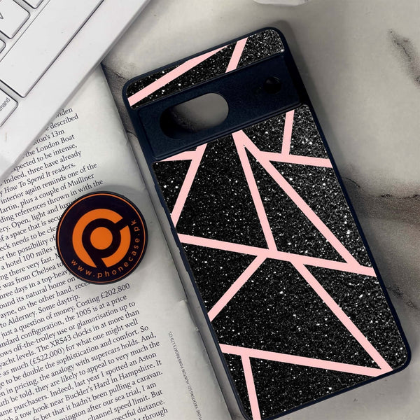 Google Pixel 7 - Black Sparkle Glitter With RoseGold Lines - Premium Metal Printed soft Bumper Shock Proof Case