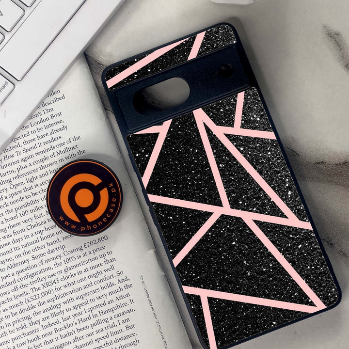 Google Pixel 7 - Black Sparkle Glitter With RoseGold Lines - Premium Metal Printed soft Bumper Shock Proof Case CS-43787