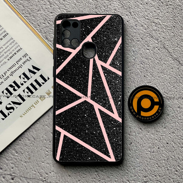 Samsung Galaxy A21s - Black Sparkle Glitter With RoseGold Lines - Premium Printed Glass soft Bumper Shock Proof Case