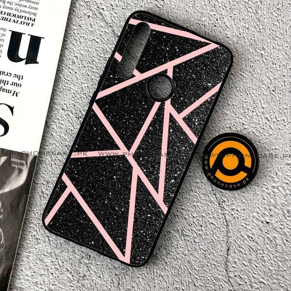 Huawei Y9 Prime (2019) - Black Sparkle Glitter With RoseGold Lines - Premium Printed Glass soft Bumper Shock Proof Case