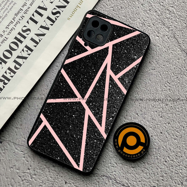 Samsung Galaxy A12 - Black Sparkle Glitter With Rose Gold Lines - Premium Printed Glass Case