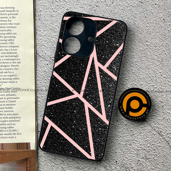 Realme Note 60 - Black Sparkle Glitter With RoseGold Lines - Premium Printed Metal Soft Case