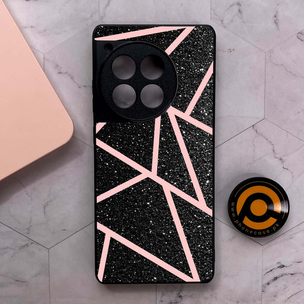 OnePlus 12R - Black Sparkle Glitter With RoseGold Lines - Premium Metal Printed soft Bumper shock Proof Case