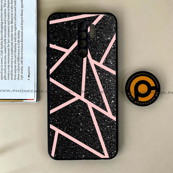 Xiaomi Redmi 9 - Black Sparkle Glitter With RoseGold Lines - Premium Printed Glass soft Bumper Shock Proof Case