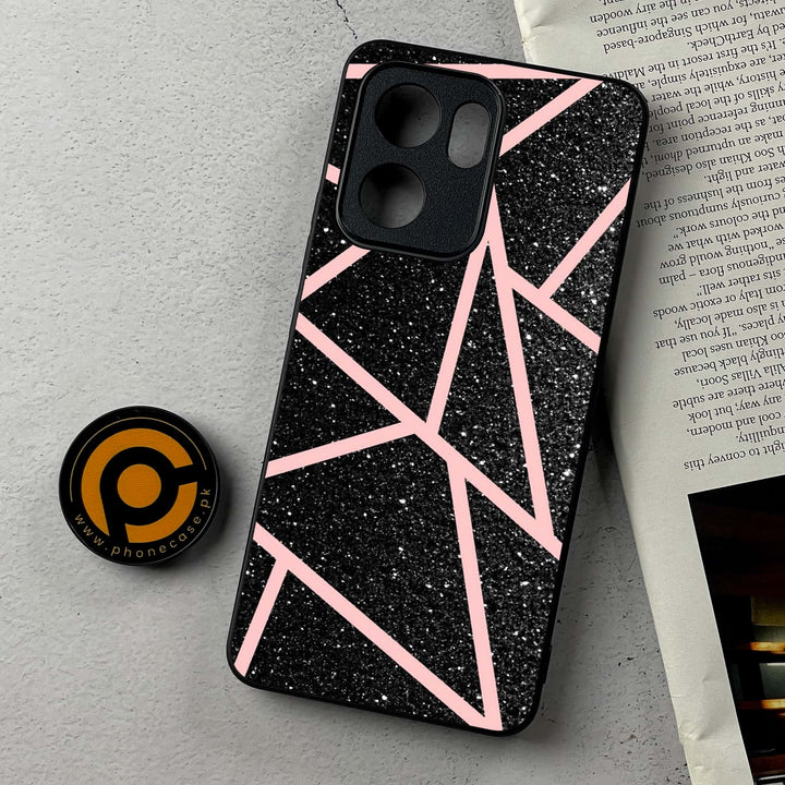 Oppo A5x - Black Sparkle Glitter With RoseGold Lines - Premium Metal Printed Soft Bumper Shockproof Case