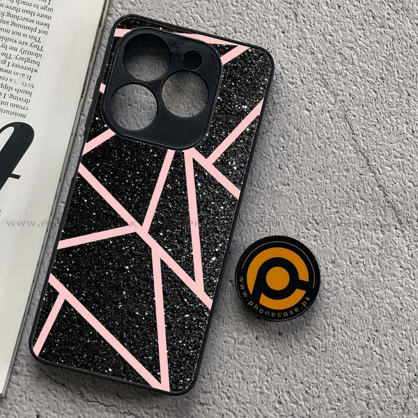 Tecno Spark 20C - Black Sparkle Glitter With RoseGold Lines - Premium Printed Glass soft Bumper Shock Proof Case