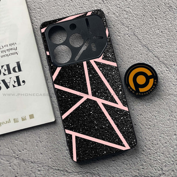 Tecno Pova 6 Pro - Black Sparkle Glitter With Rose Gold Lines - Premium Printed Glass soft Bumper Shock Proof Case