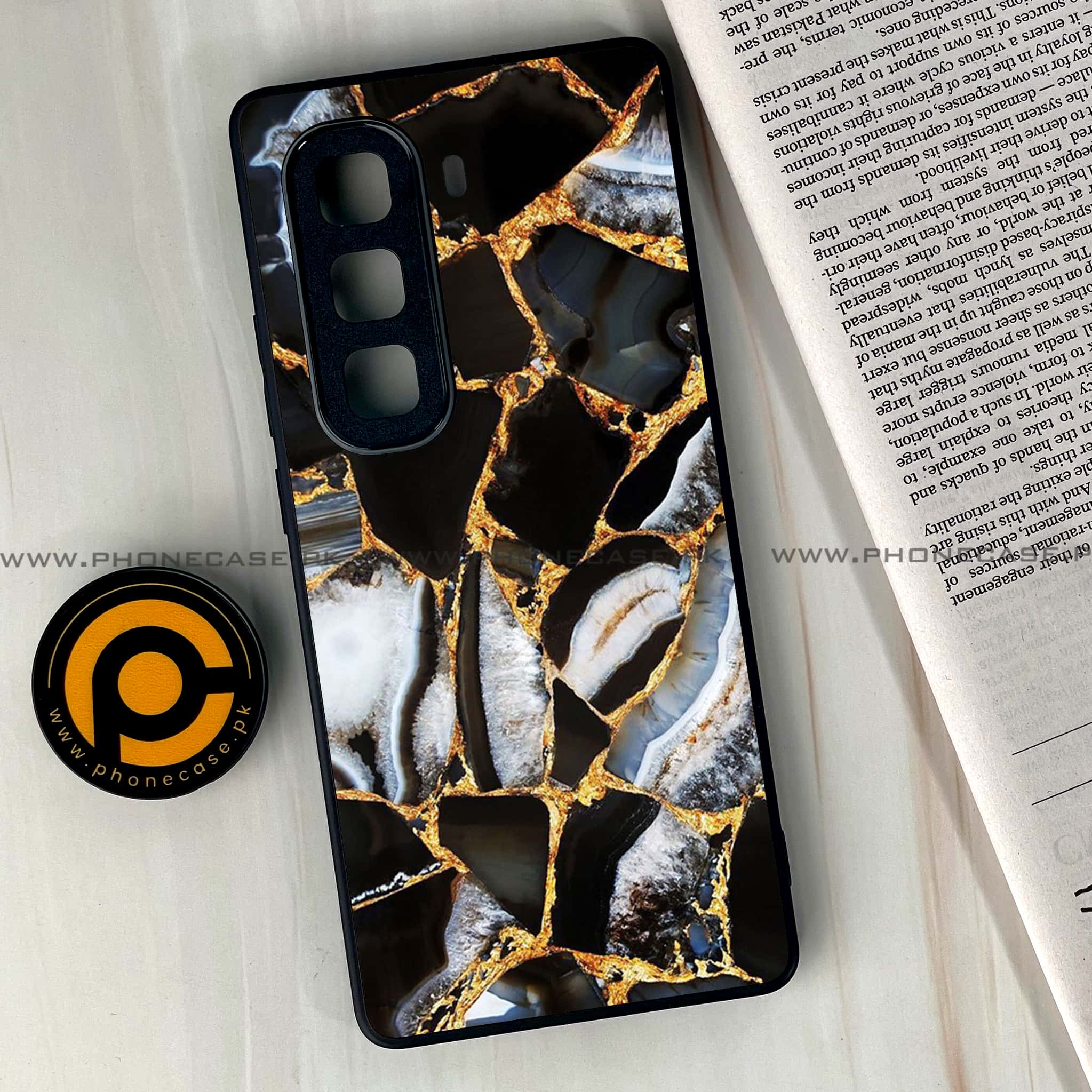 Infinix Hot 60 Pro - Black Marble Series - Premium Metal Printed soft Bumper shock Proof Case