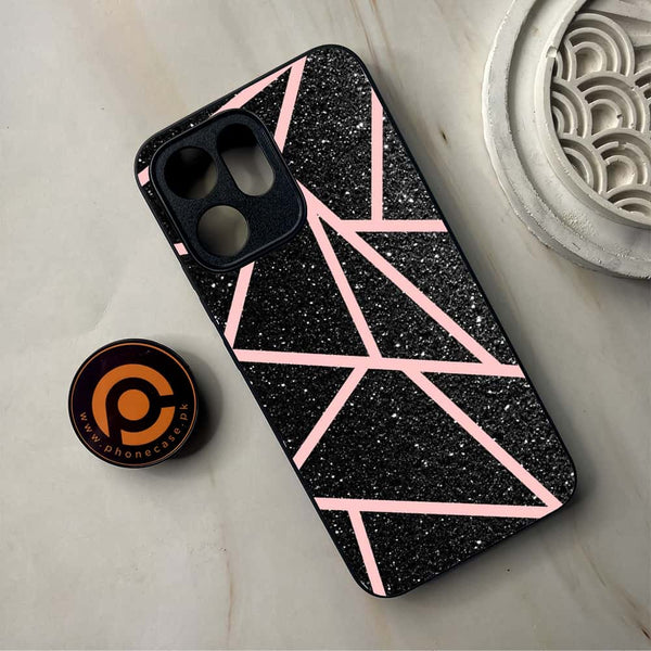 Oppo Reno 14F - Black Sparkle Glitter With RoseGold Lines - Premium Metal Printed Soft Bumper Shockproof Case