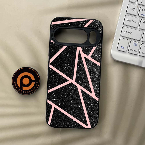 Google Pixel 10 Pro  - Black Sparkle Glitter With RoseGold Lines - Premium Metal Printed soft Bumper Shock Proof Case