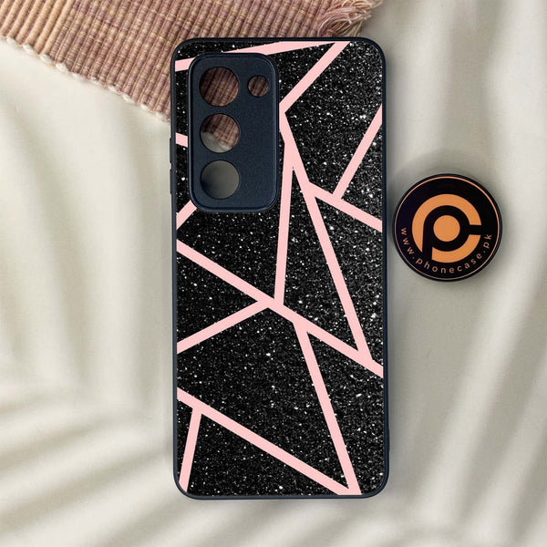 Oppo A5 2025 - Black Sparkle Glitter With RoseGold Lines - Premium Metal Printed soft Bumper shock Proof Case